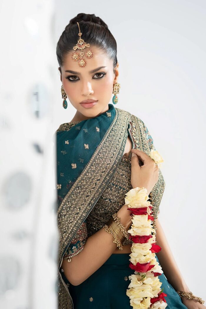 MARIA.B | 3 Piece Embroidered Raw Silk Suit -SF-EA26-27-Teal | Ready To Wear - Image 3