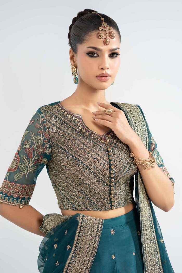 MARIA.B | 3 Piece Embroidered Raw Silk Suit -SF-EA26-27-Teal | Ready To Wear - Image 4
