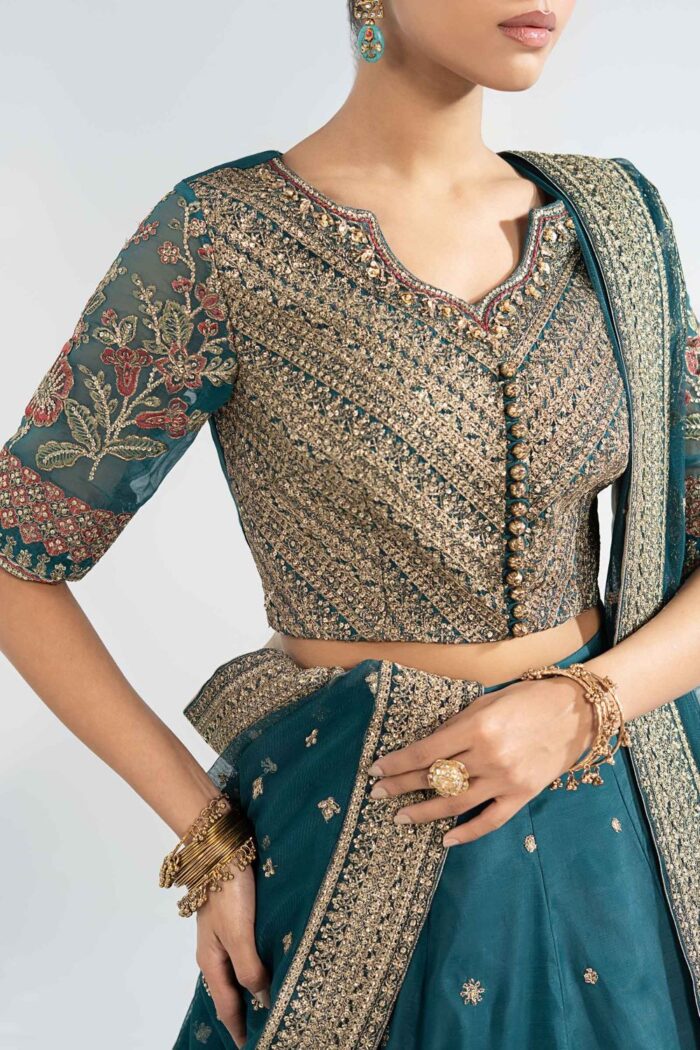 MARIA.B | 3 Piece Embroidered Raw Silk Suit -SF-EA26-27-Teal | Ready To Wear - Image 5