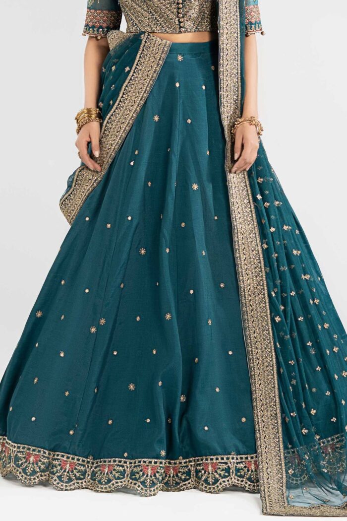 MARIA.B | 3 Piece Embroidered Raw Silk Suit -SF-EA26-27-Teal | Ready To Wear - Image 6