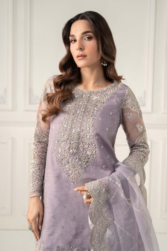 MARIA.B | 3 Piece Embroidered Raw Silk Suit -SF-EF25-60R1-Lilac | Ready To Wear - Image 3