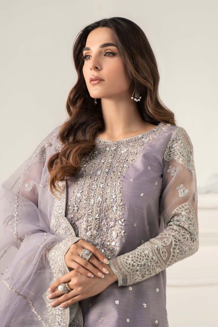 MARIA.B | 3 Piece Embroidered Raw Silk Suit -SF-EF25-60R1-Lilac | Ready To Wear - Image 4