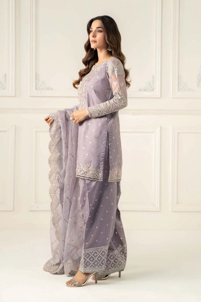 MARIA.B | 3 Piece Embroidered Raw Silk Suit -SF-EF25-60R1-Lilac | Ready To Wear - Image 7