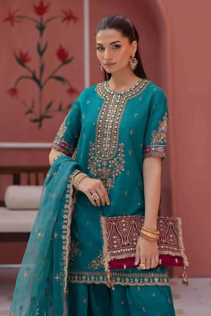 MARIA.B | 3 Piece Embroidered Raw Silk Suit -SF-EF25-63R1-Green | Ready To Wear - Image 2