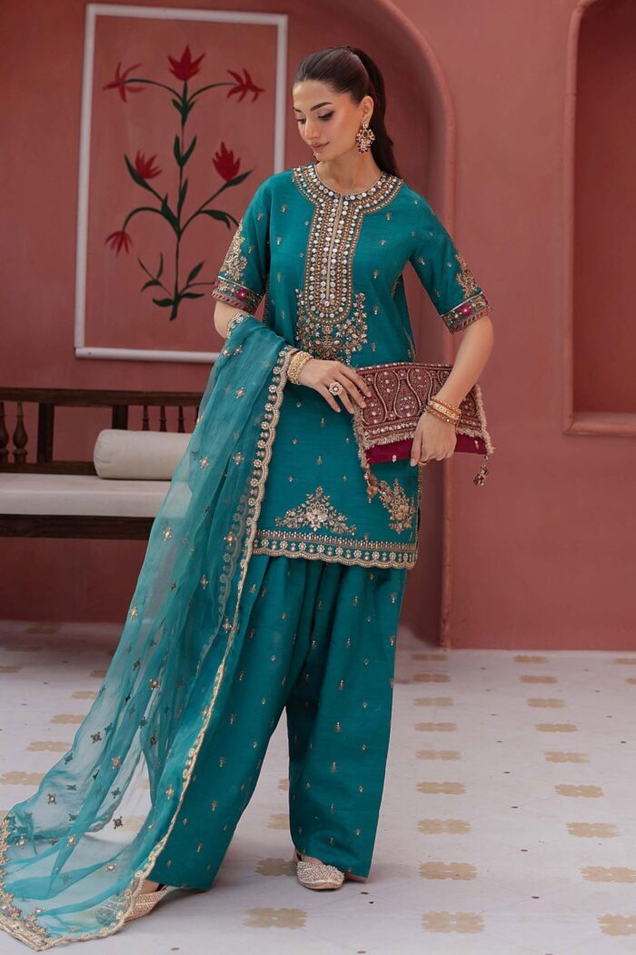 MARIA.B | 3 Piece Embroidered Raw Silk Suit -SF-EF25-63R1-Green | Ready To Wear - Image 3