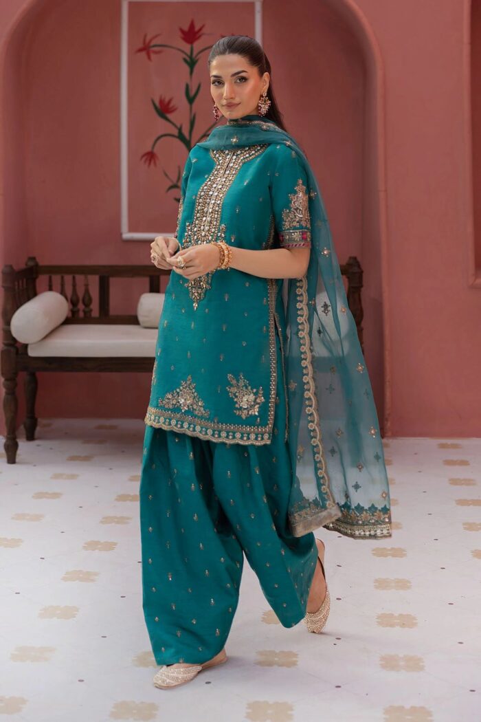MARIA.B | 3 Piece Embroidered Raw Silk Suit -SF-EF25-63R1-Green | Ready To Wear - Image 4