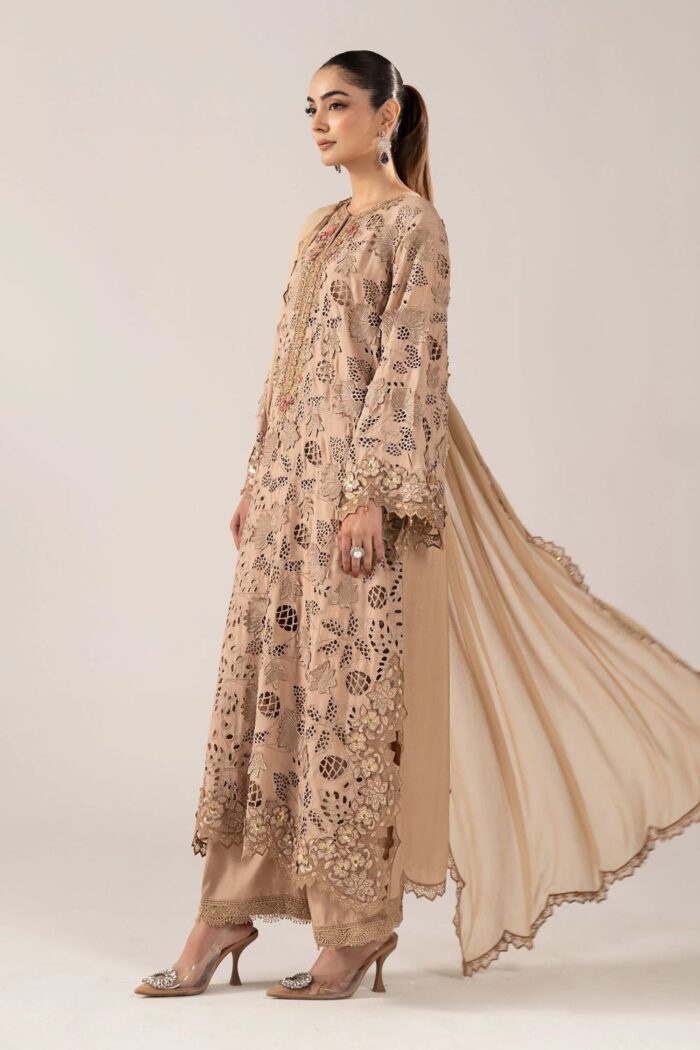 MARIA.B | 3 Piece Embroidered Raw Silk Suit -SF-EF26-16-BEIGE | Ready To Wear - Image 6