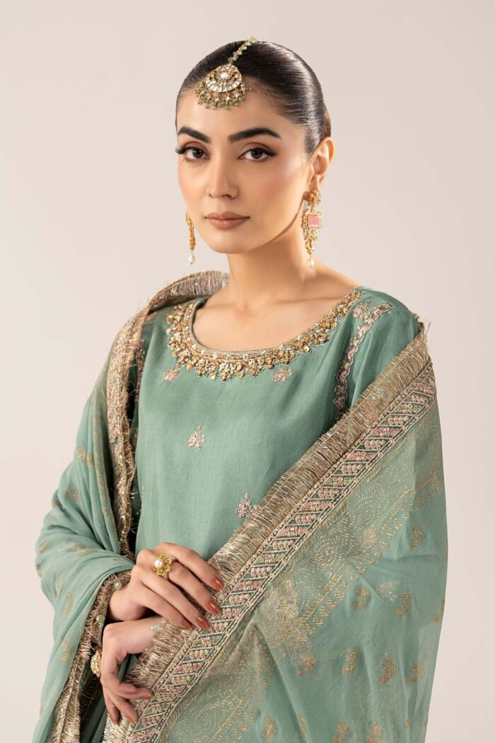 MARIA.B | 3 Piece Embroidered Raw Silk Suit -SF-EF26-28-Green | Ready To Wear - Image 3