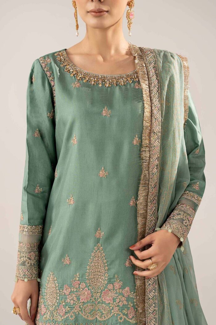 MARIA.B | 3 Piece Embroidered Raw Silk Suit -SF-EF26-28-Green | Ready To Wear - Image 5