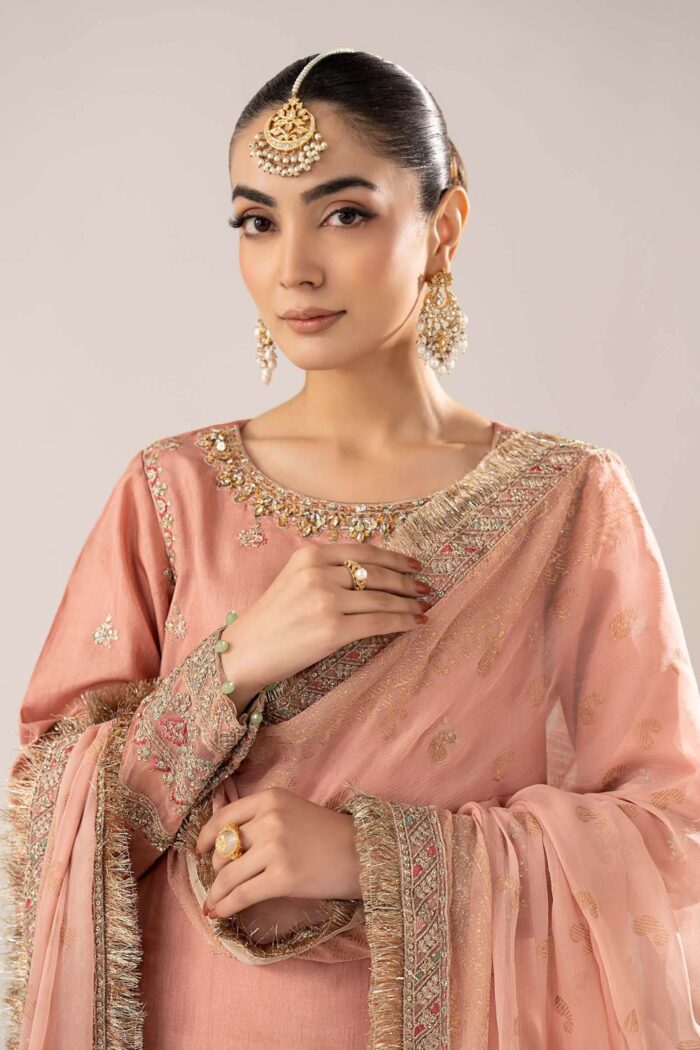 MARIA.B | 3 Piece Embroidered Raw Silk Suit -SF-EF26-28-Peach | Ready To Wear - Image 3