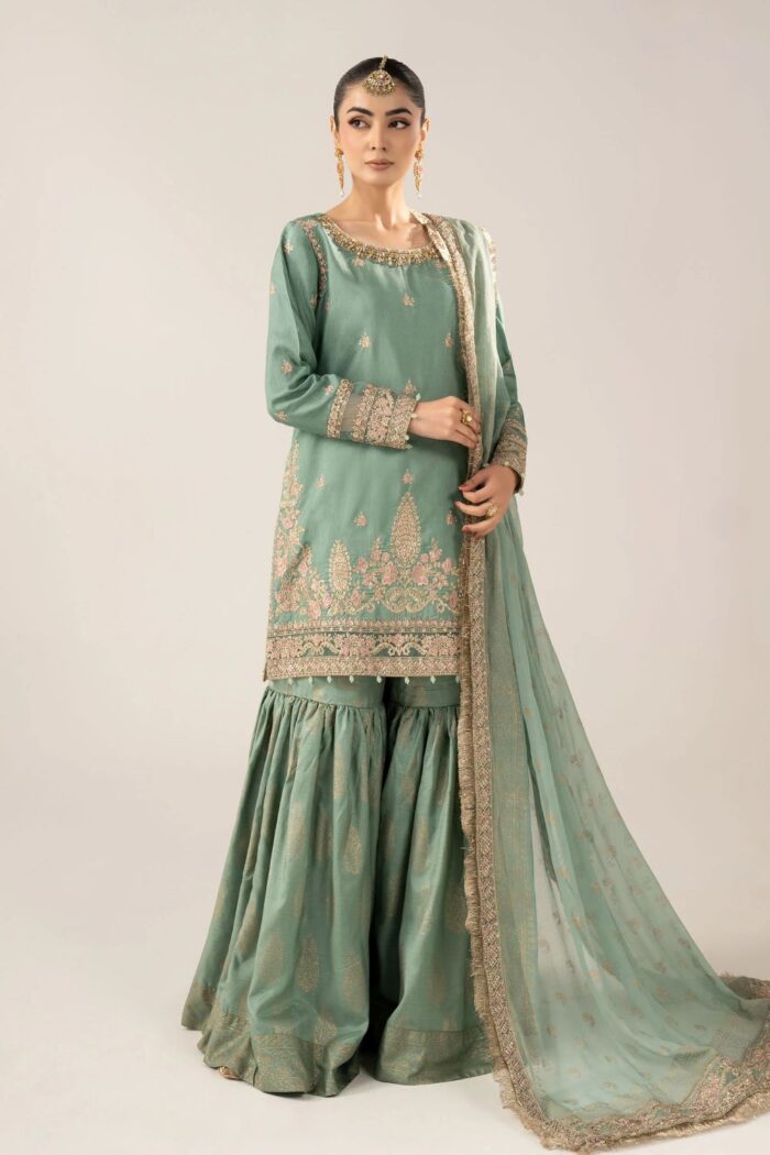 MARIA.B | 3 Piece Embroidered Raw Silk Suit -SF-EF26-28-Green | Ready To Wear - Image 9
