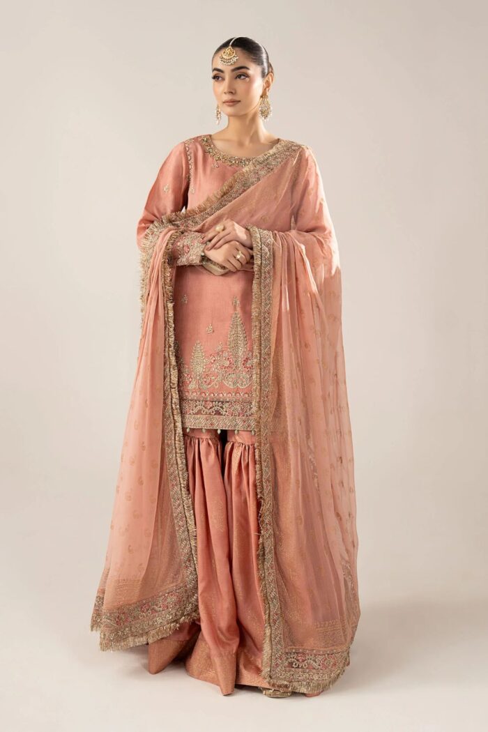 MARIA.B | 3 Piece Embroidered Raw Silk Suit -SF-EF26-28-Peach | Ready To Wear - Image 6