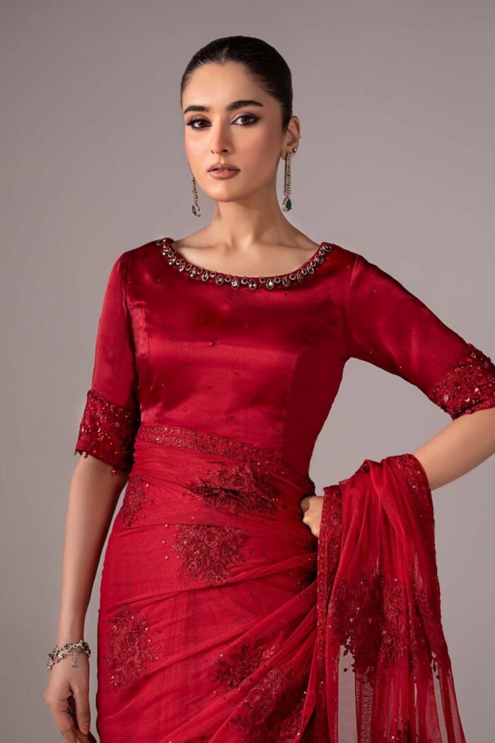 MARIA.B | 3 Piece Embroidered Chiffon Saree-SF-EF26-56-Red | Ready To Wear - Image 3