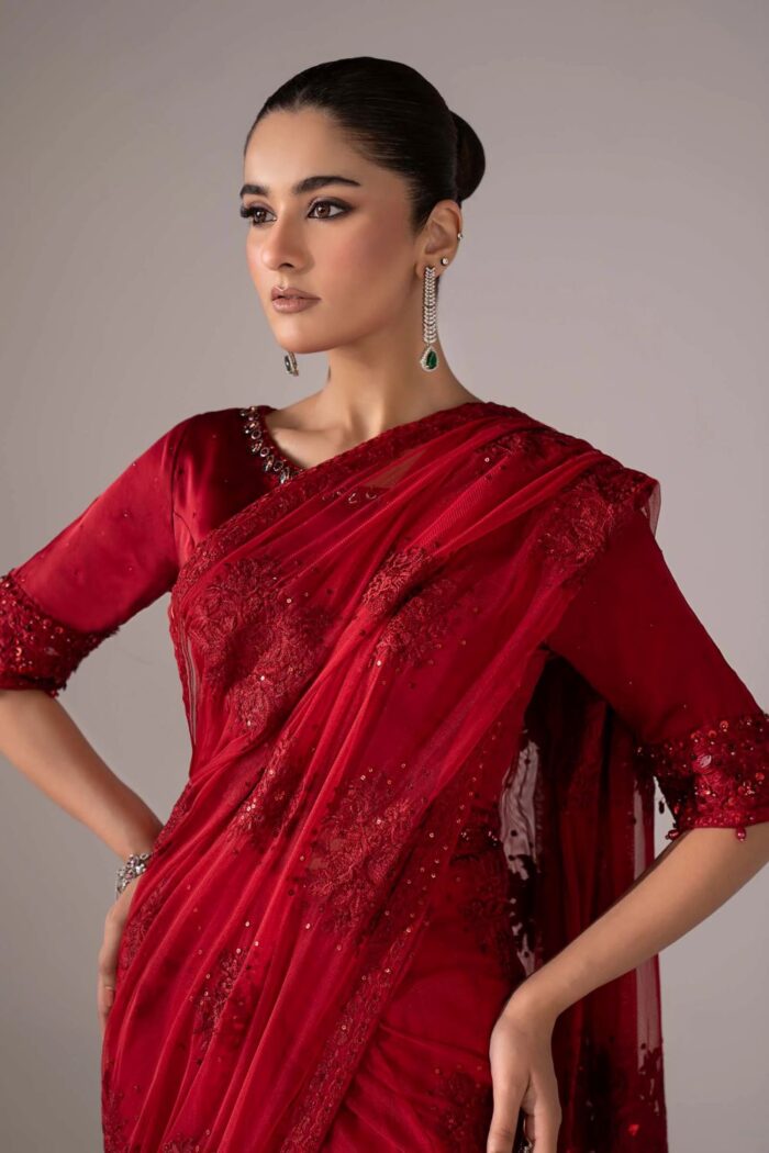 MARIA.B | 3 Piece Embroidered Chiffon Saree-SF-EF26-56-Red | Ready To Wear - Image 4