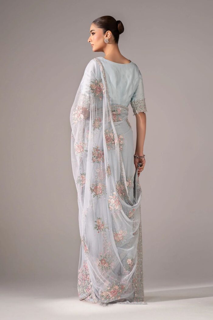MARIA.B | 3 Piece Embroidered  Chiffon Saree -SF-EF26-56-Sky Blue | Ready To Wear - Image 2