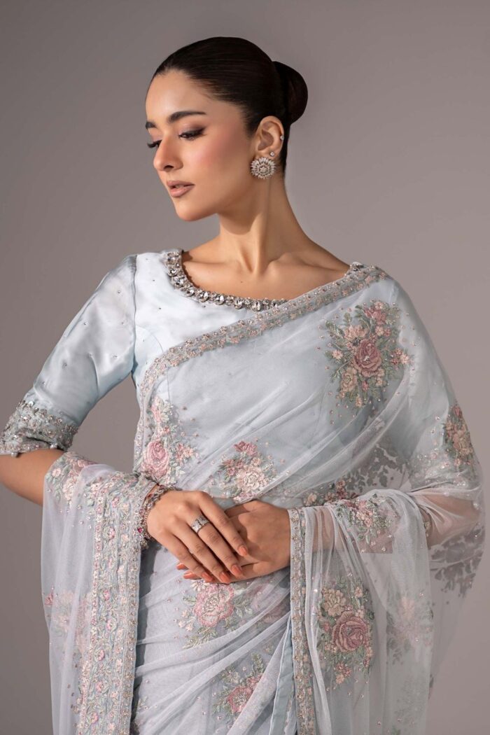 MARIA.B | 3 Piece Embroidered  Chiffon Saree -SF-EF26-56-Sky Blue | Ready To Wear - Image 3