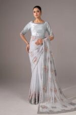 MARIA.B | 3 Piece Embroidered  Chiffon Saree -SF-EF26-56-Sky Blue | Ready To Wear - Image 4