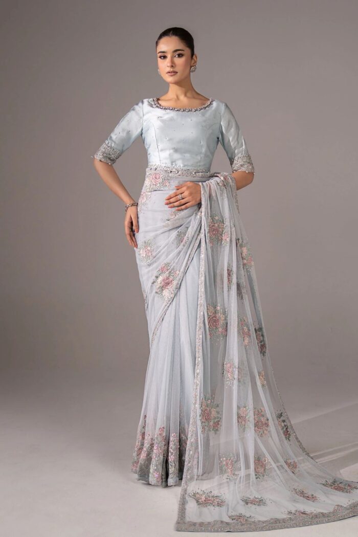 MARIA.B | 3 Piece Embroidered  Chiffon Saree -SF-EF26-56-Sky Blue | Ready To Wear - Image 4