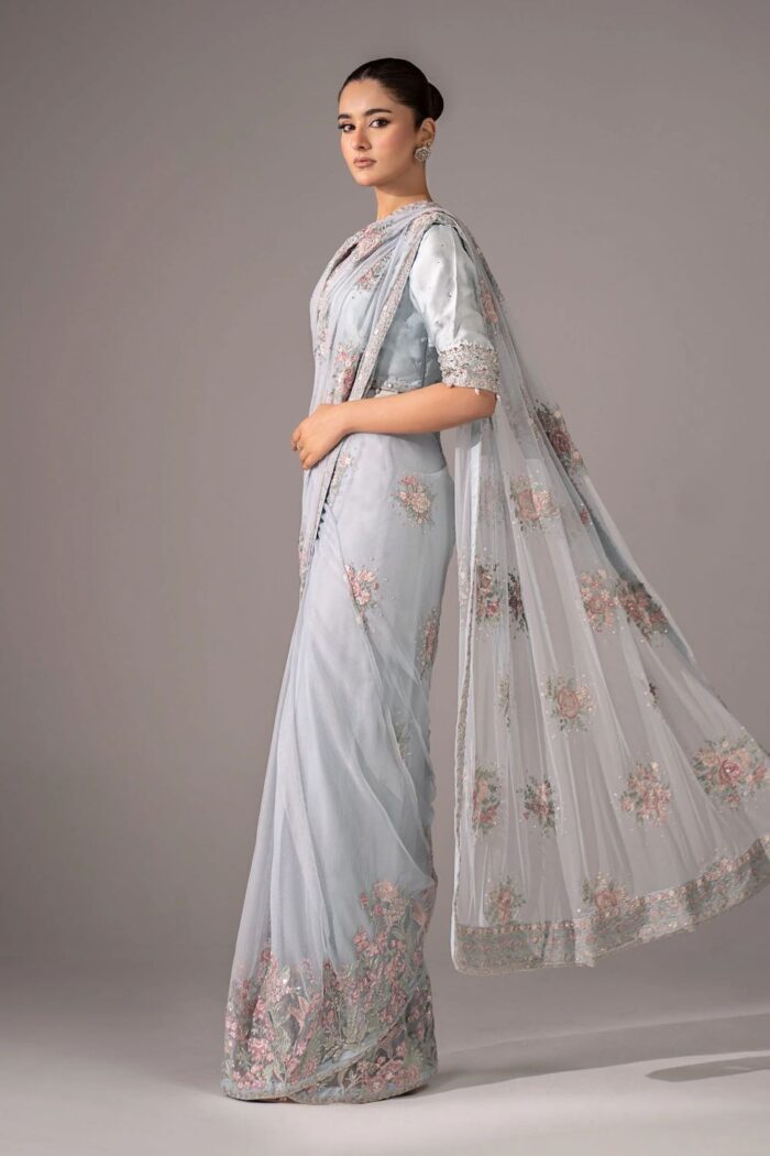 MARIA.B | 3 Piece Embroidered  Chiffon Saree -SF-EF26-56-Sky Blue | Ready To Wear - Image 5