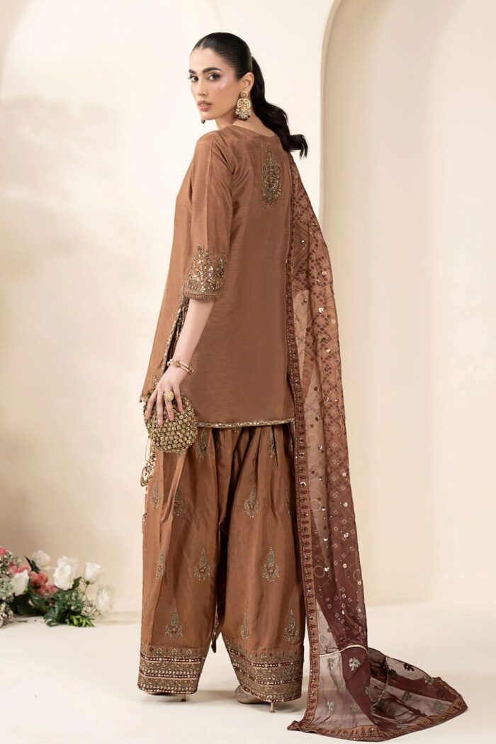 MARIA.B | 3 Piece Embroidered Raw Silk Suit -SF-EF26-61-Brown | Ready To Wear - Image 2