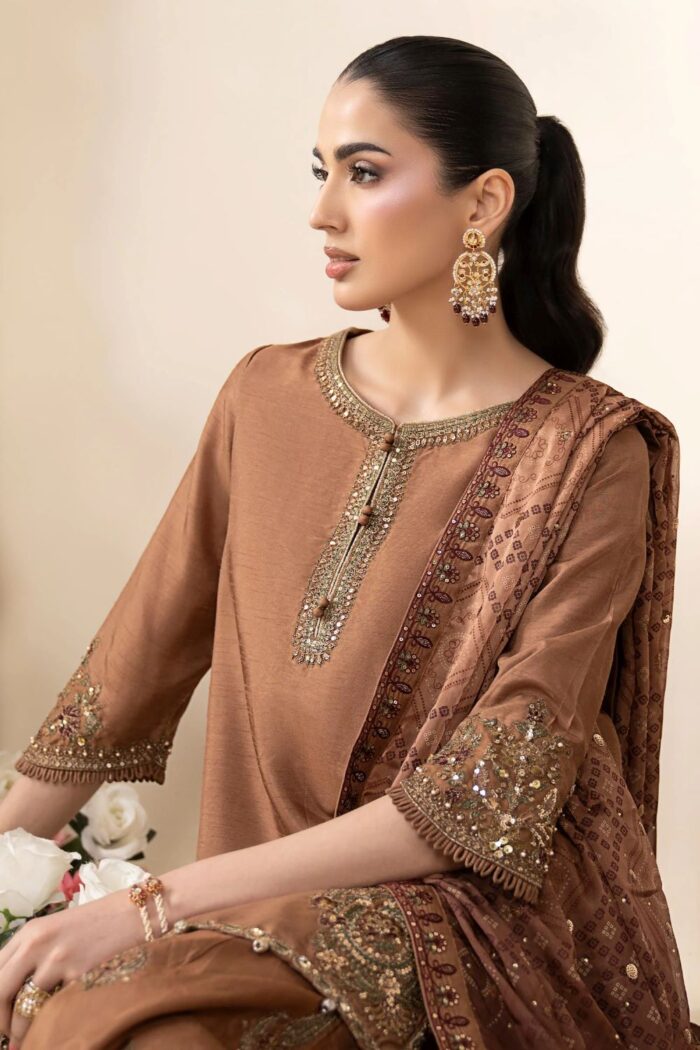 MARIA.B | 3 Piece Embroidered Raw Silk Suit -SF-EF26-61-Brown | Ready To Wear - Image 4