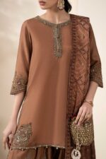 MARIA.B | 3 Piece Embroidered Raw Silk Suit -SF-EF26-61-Brown | Ready To Wear - Image 5
