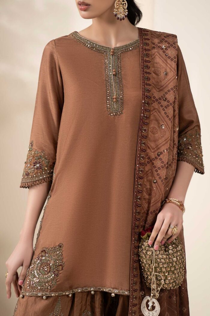 MARIA.B | 3 Piece Embroidered Raw Silk Suit -SF-EF26-61-Brown | Ready To Wear - Image 5