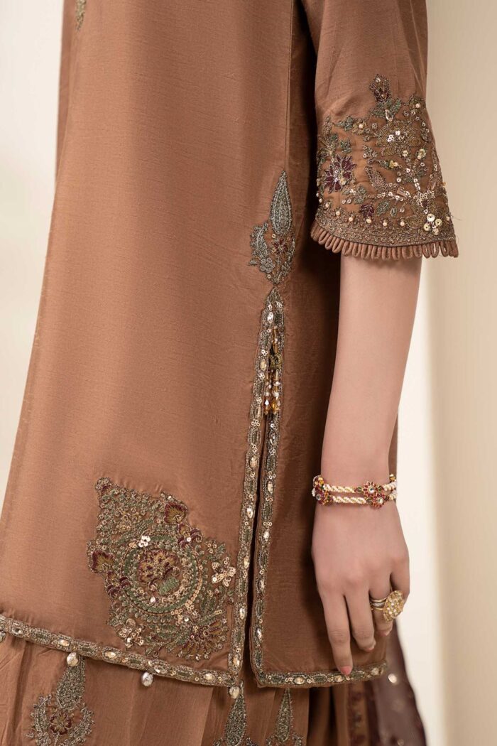 MARIA.B | 3 Piece Embroidered Raw Silk Suit -SF-EF26-61-Brown | Ready To Wear - Image 6