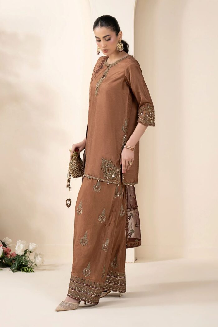 MARIA.B | 3 Piece Embroidered Raw Silk Suit -SF-EF26-61-Brown | Ready To Wear - Image 7