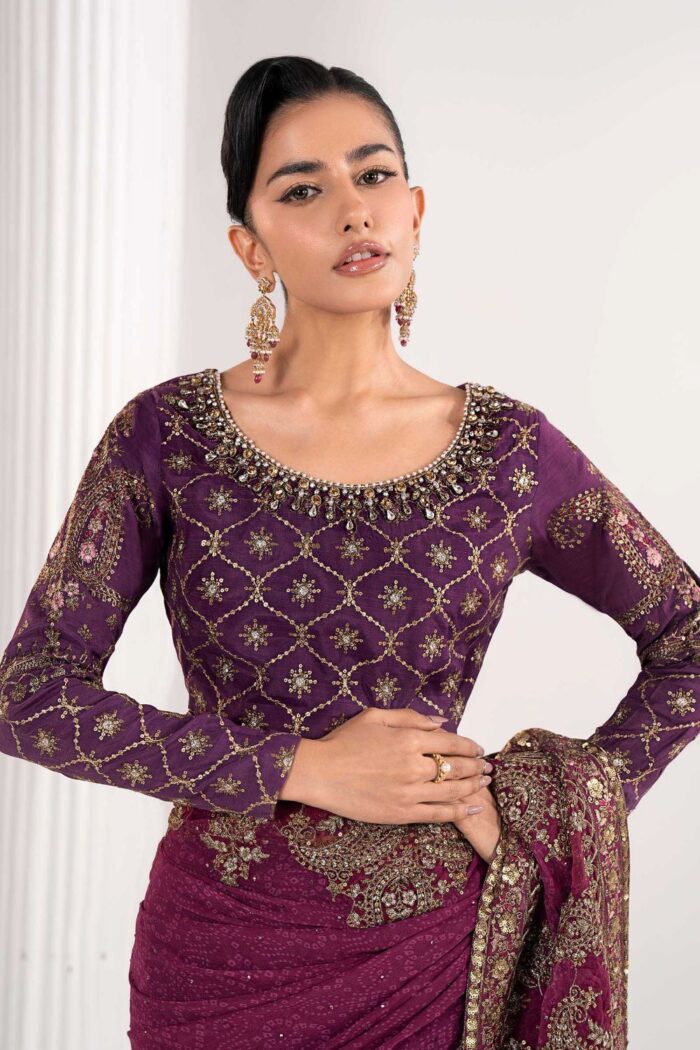 MARIA.B | 3 Piece Embroidered Chiffon Saree -SF-EF26-67-Purple | Ready To Wear - Image 3