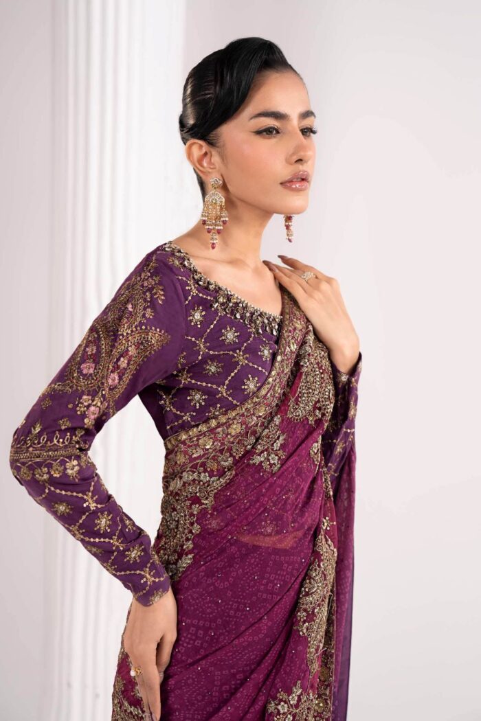 MARIA.B | 3 Piece Embroidered Chiffon Saree -SF-EF26-67-Purple | Ready To Wear - Image 4