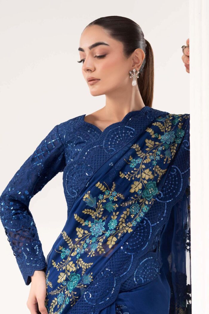 MARIA.B | 3 Piece Embroidered Chiffon Saree -SF-EF26-69-Blue | Ready To Wear - Image 3
