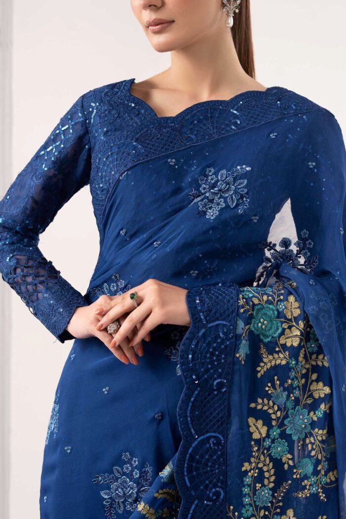 MARIA.B | 3 Piece Embroidered Chiffon Saree -SF-EF26-69-Blue | Ready To Wear - Image 4