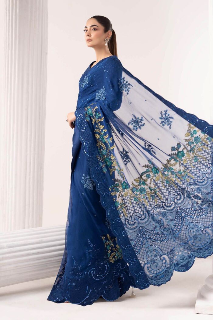 MARIA.B | 3 Piece Embroidered Chiffon Saree -SF-EF26-69-Blue | Ready To Wear - Image 7