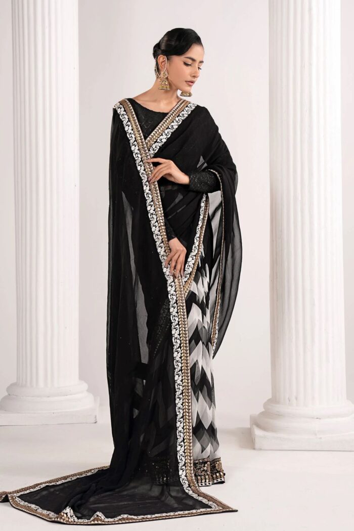 MARIA.B | 3 Piece Embroidered Chiffon Saree -SF-EF26-74-Black | Ready To Wear - Image 5