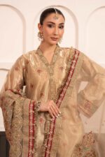 MARIA.B | 3 Piece Embroidered Tissue Suit -SF-EF23-27R1-Golden | Ready To Wear - Image 4