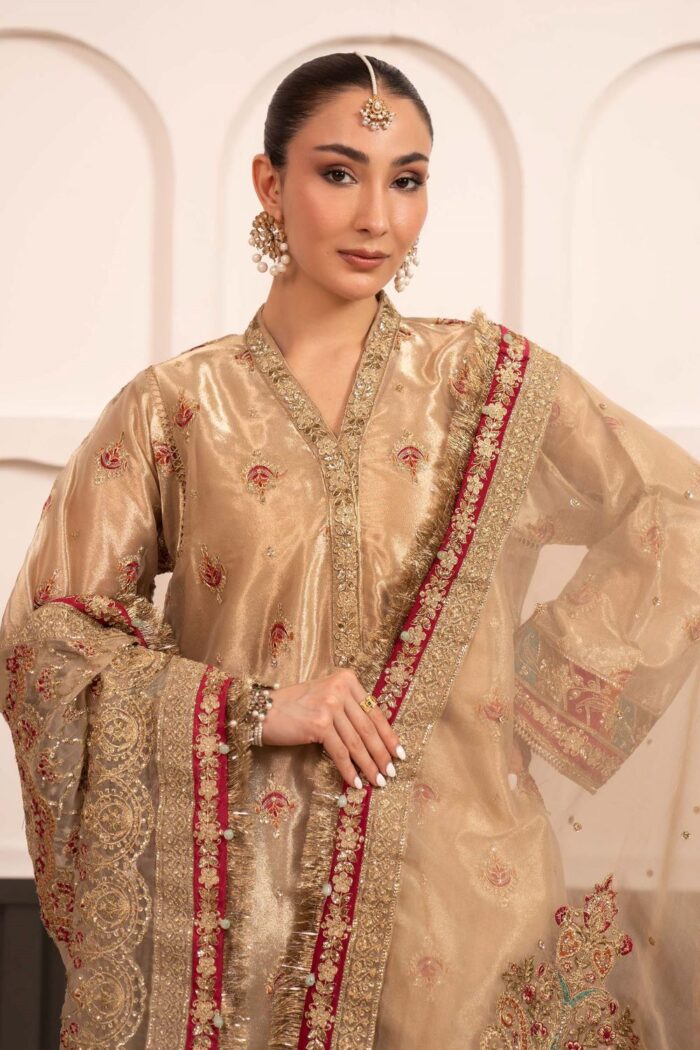 MARIA.B | 3 Piece Embroidered Tissue Suit -SF-EF23-27R1-Golden | Ready To Wear - Image 4