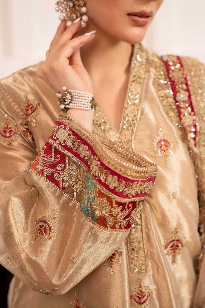 MARIA.B | 3 Piece Embroidered Tissue Suit -SF-EF23-27R1-Golden | Ready To Wear - Image 6