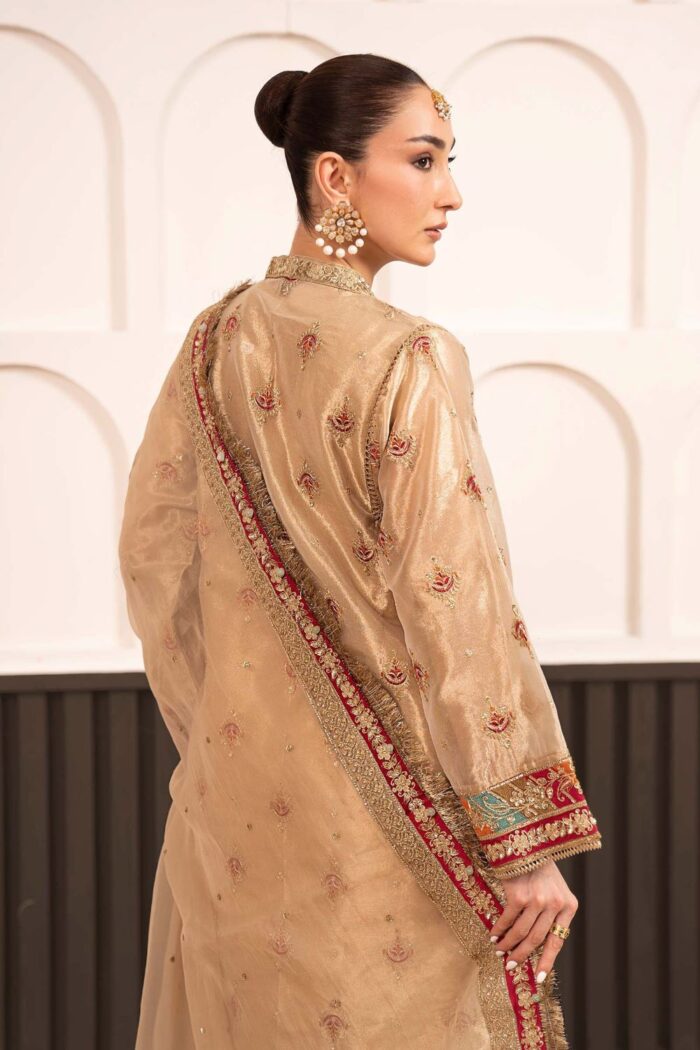 MARIA.B | 3 Piece Embroidered Tissue Suit -SF-EF23-27R1-Golden | Ready To Wear - Image 7
