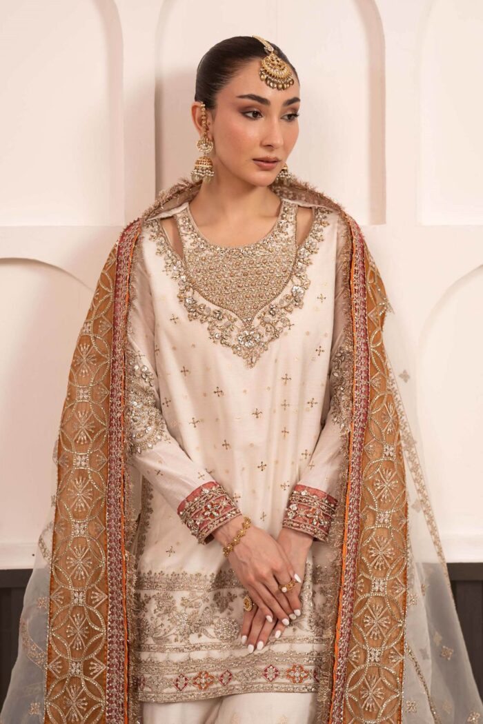 MARIA.B | 3 Piece Embroidered Cotton Lurex Suit -SF-EF26-30-Off White | Ready To Wear - Image 3