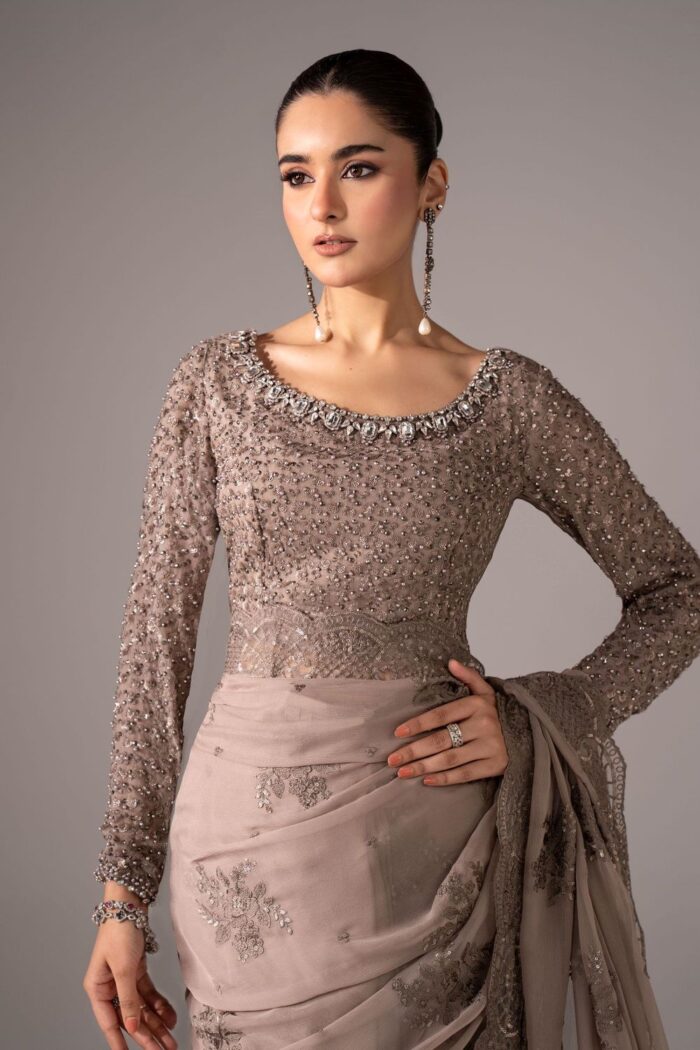 MARIA.B | 3 Piece Embroidered Chiffon Saree -SF-EF26-40-Grey | Ready To Wear - Image 2
