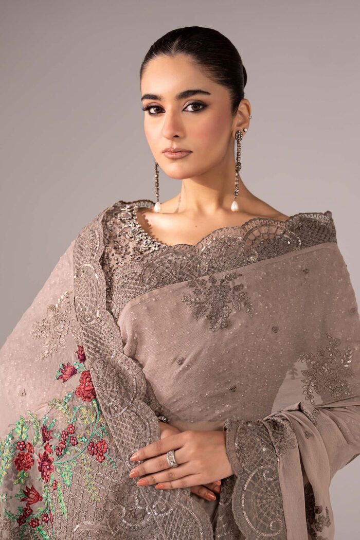 MARIA.B | 3 Piece Embroidered Chiffon Saree -SF-EF26-40-Grey | Ready To Wear - Image 3