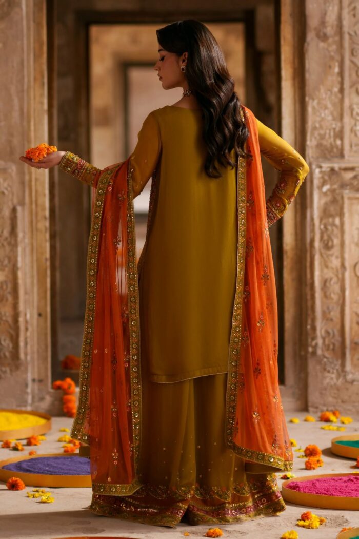 Naqshi | 3 Piece Mustard & Orange  Crinkle Chiffon luxury pret – Maahid | Ready To Wear - Image 5