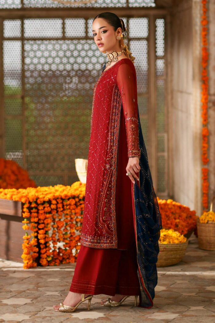 Naqshi | 3 Piece Red & Dark Blue Crinkle Chiffon  luxury pret – Faheel | Ready To Wear - Image 4