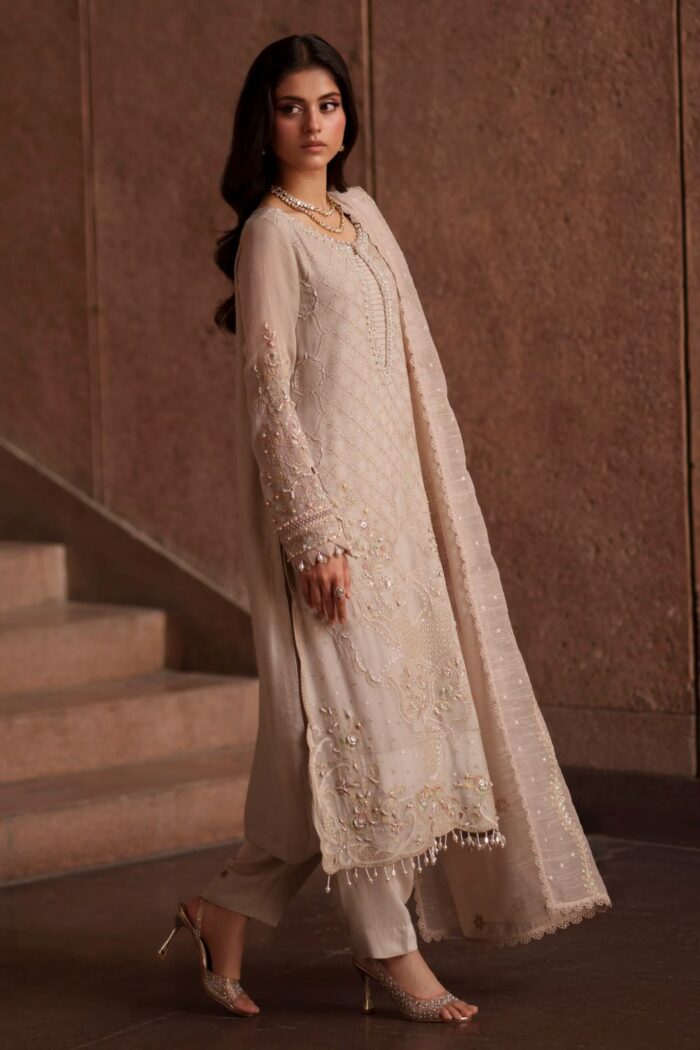 Naqshi | 3 Piece Dusty Beige  Khadi Net luxury pret – Minera | Ready To Wear - Image 3