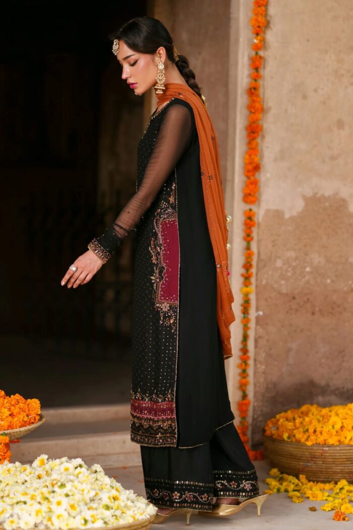 Naqshi | 3 Piece   Black & Orange  Crinkle Chiffon luxury pret – Zarim | Ready To Wear - Image 3