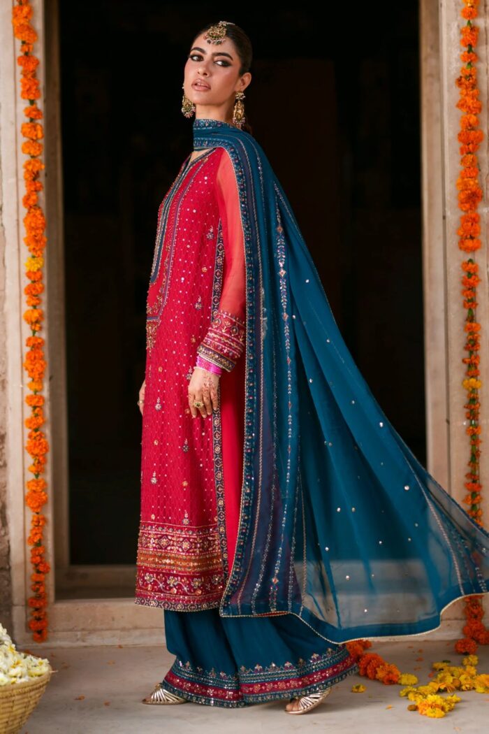 Naqshi | 3 Piece Shocking Pink & Zinc Crinkle Chiffon  luxury pret – Shazim | Ready To Wear - Image 6