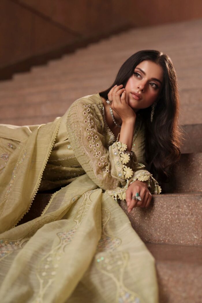 Naqshi | 3 Piece Light Lime Khadi Net luxury pret – Luzia | Ready To Wear - Image 3
