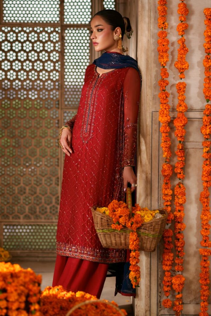 Naqshi | 3 Piece Red & Dark Blue Crinkle Chiffon  luxury pret – Faheel | Ready To Wear - Image 2