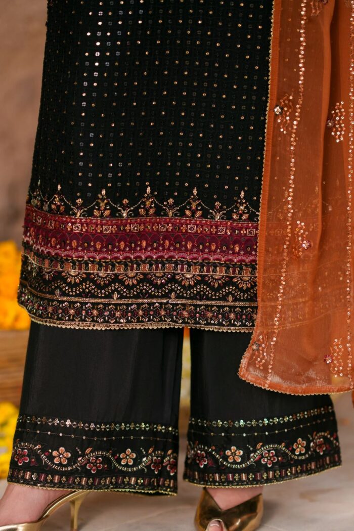Naqshi | 3 Piece   Black & Orange  Crinkle Chiffon luxury pret – Zarim | Ready To Wear - Image 4